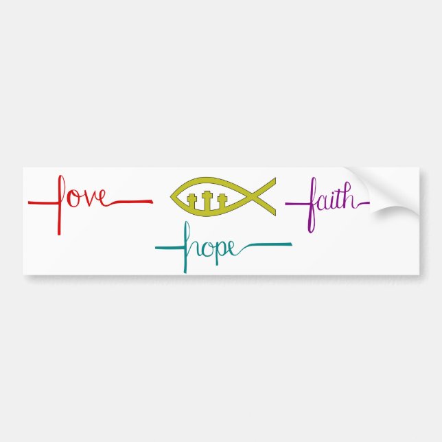 Adesivo Para Carro Bumper Sticker Love, Hope, Faith e Ichthys (Frente)