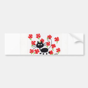 Adesivo Para Carro Gato preto dos desenhos animados e flores