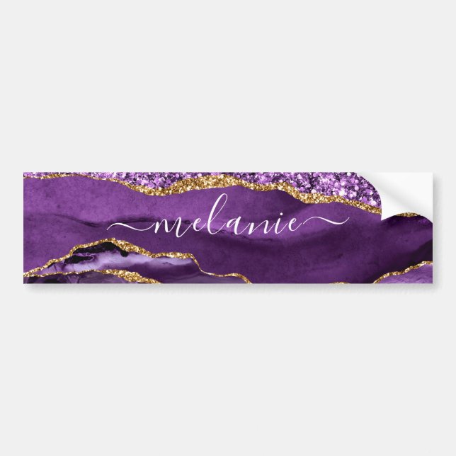 Adesivo Para Carro Nome Personalizado de Geodo Glitter Dourado Violet (Frente)