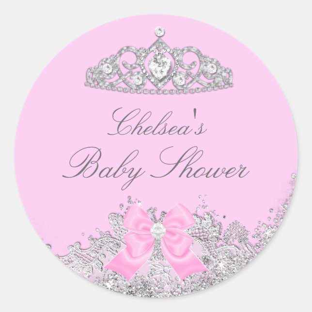 Adesivo para Chá de Bebê Pink Tiara & Bow (Frente)