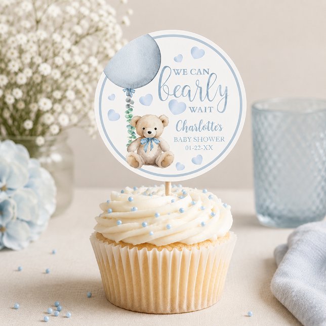 Adesivo para Chá de Bebê Urso Azul Bearly Wait (Baby shower cupcake with pastel details - favor sticker example)