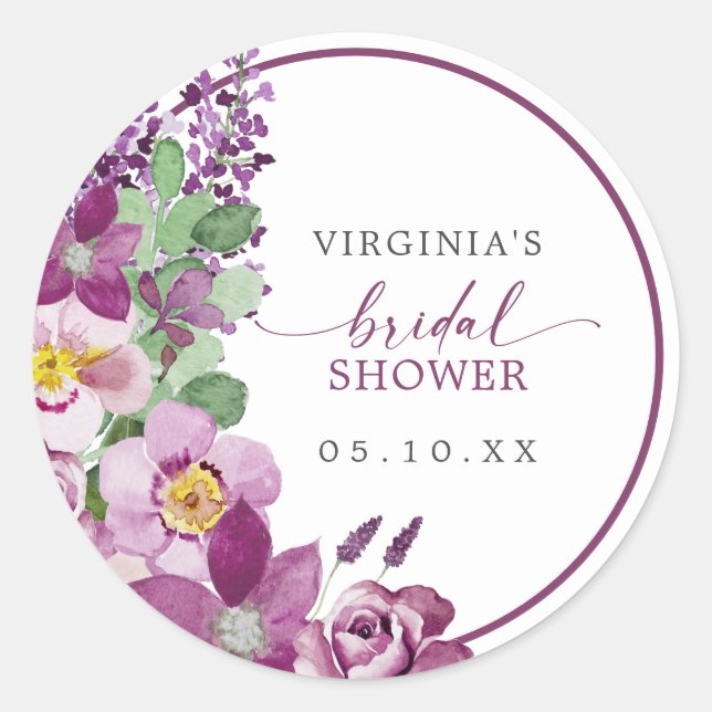 Adesivo para Chá de Noiva com Floral Roxo (Frente)