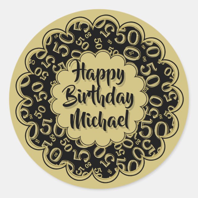 Adesivo Parabéns 50º Padrão de Número Legal Dourado/Preto (Frente)
