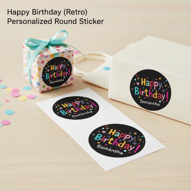 Adesivo Parabéns (Retro) Autoadesivo redondo personalizado (Happy Birthday (Retro) Personalized Round Sticker)