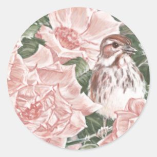 Adesivo Pardal de canção e pintura cor-de-rosa da flor d