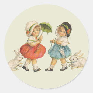Adesivo Páscoa Vintage Crianças Coelhinhos Toucas Antigo