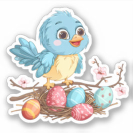 Adesivo Pássaro Azul em uma Ramificação com Ovos de Páscoa