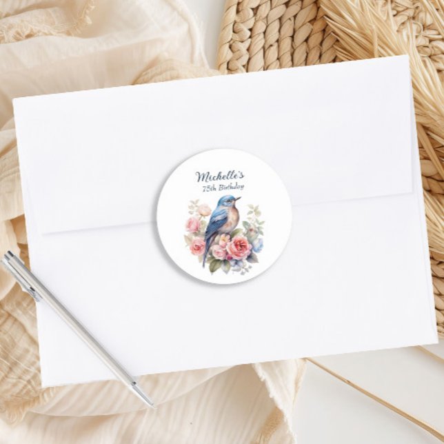 Adesivo Pássaro Azul Flores Rosa Aniversário de 75 anos (Blue bird pink floral birthday party envelope seal sticker)