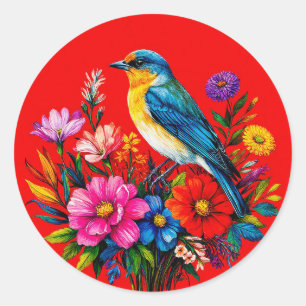 Adesivo Pássaro Azul Pousado Entre Flores Coloridas de Pri