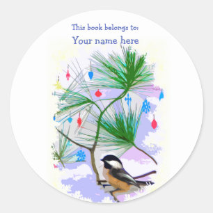 Adesivo Pássaro do Chickadee no Bookplate da árvore
