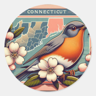 Adesivo Pássaro do Estado de Connecticut e Flor Azul Verme