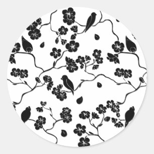 Adesivo Pássaros Pretos e Brancos com Padrões de Cereja