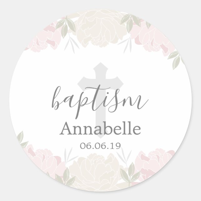 Adesivo Pastel Pink e Ivory Floral Baby Baptism (Frente)