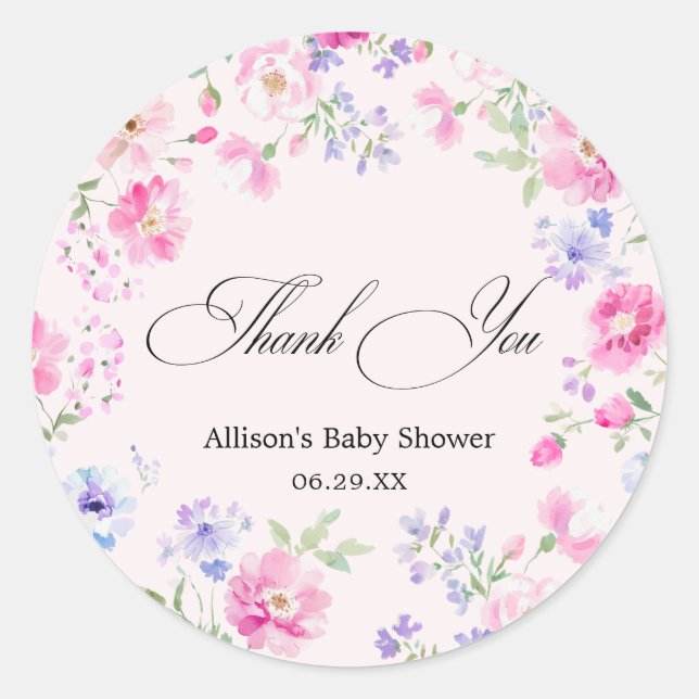 Adesivo Pastel Pink Floral Baby Shower Thank You (Frente)