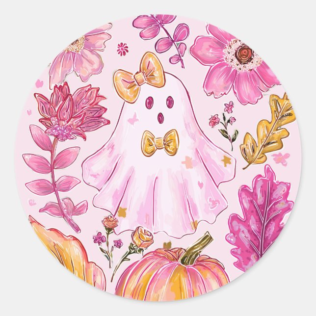 Adesivo Pastel Pink Halloween Ghost with Flowers and Pumpk (Frente)