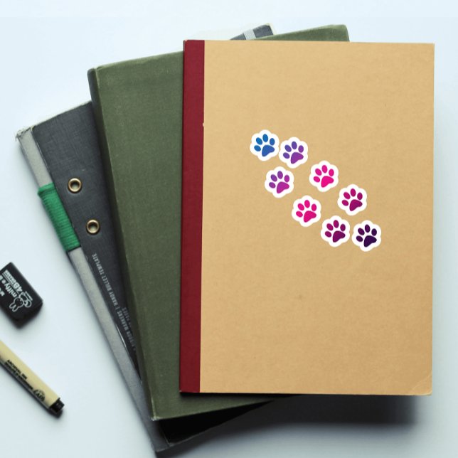 Adesivo Pata Gato Imprimir Cor-de-Rosa Púrpura (A fun die cut sticker of pink, blue and purple cat paw prints)
