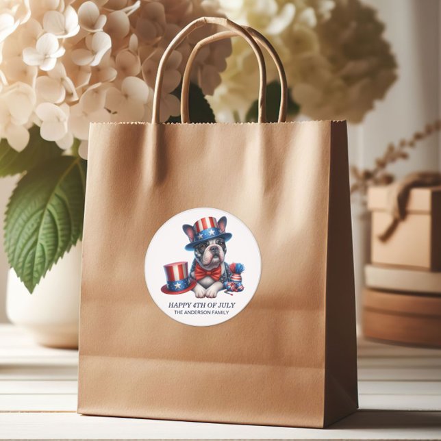 Adesivo Patriótico Buldogue Superior Chapéu Vermelho Branc (Patriotic Boxer/dog gift bag sticker)