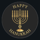 Adesivo Pau clássico de Hanukkah redondo feliz<br><div class="desc">Ouro Happy Hanukkah.</div>
