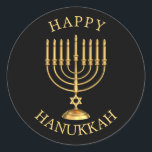 Adesivo Pau clássico de Hanukkah redondo feliz<br><div class="desc">Ouro Happy Hanukkah.</div>