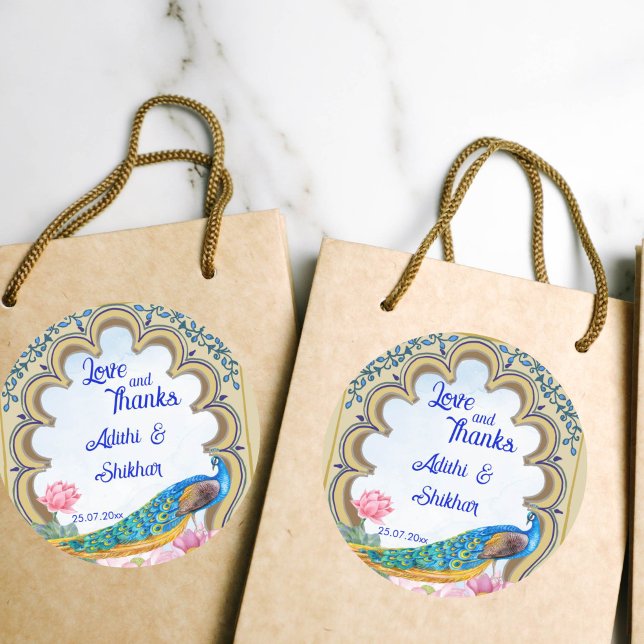 Adesivo Pavão de casamento indiano, Rajasthan, janela azul (Indian wedding thank you favor gift stickers Rajasthan window border blue peacock favor stickers)