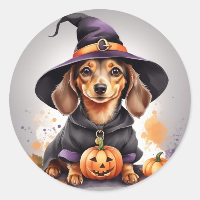 Adesivo Paws & Potions: Bruxa Dachshund em uma Abóbora (Frente)