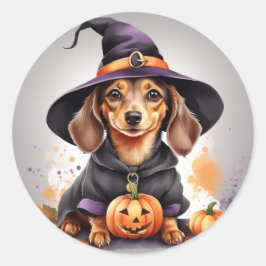 Adesivo Paws & Potions: Bruxa Dachshund em uma Abóbora