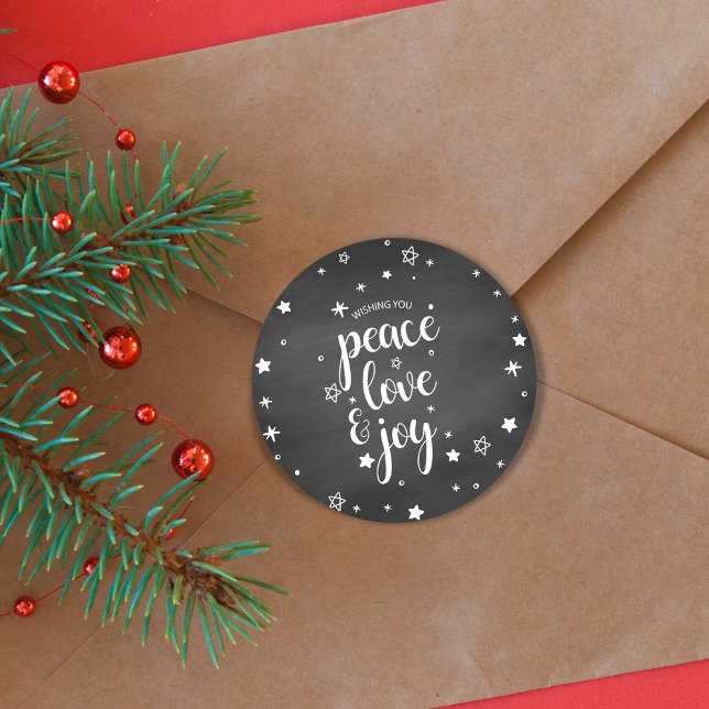 Adesivo Paz Amor Alegria Estrela Natal Feriado (Peace Love Joy Star Christmas Holiday Classic Round Sticker)