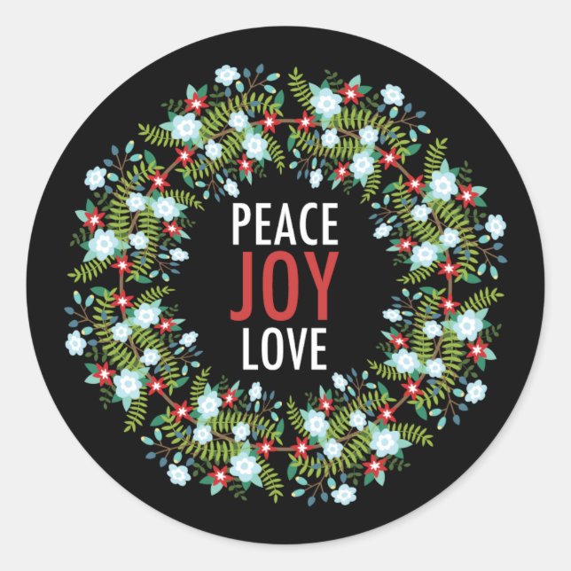 Adesivo Paz Amor Joy Wreath no Fundo Negro (Frente)