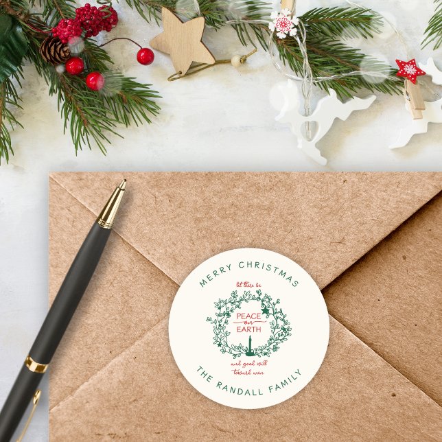 Adesivo Paz de Natal na Terra Nome da Terra Desenhada (Keep Christ at the center of Christmas while adding a meaningful, custom touch to your envelopes.)