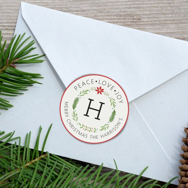 Adesivo Paz Festiva Amor Alegria Monograma (Festive Peace Love Joy Monogram Classic Round Sticker)