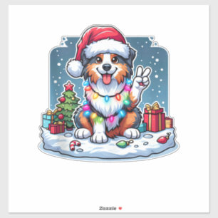Adesivo Peace Hand Australian Shepherd Christmas Lights Wo