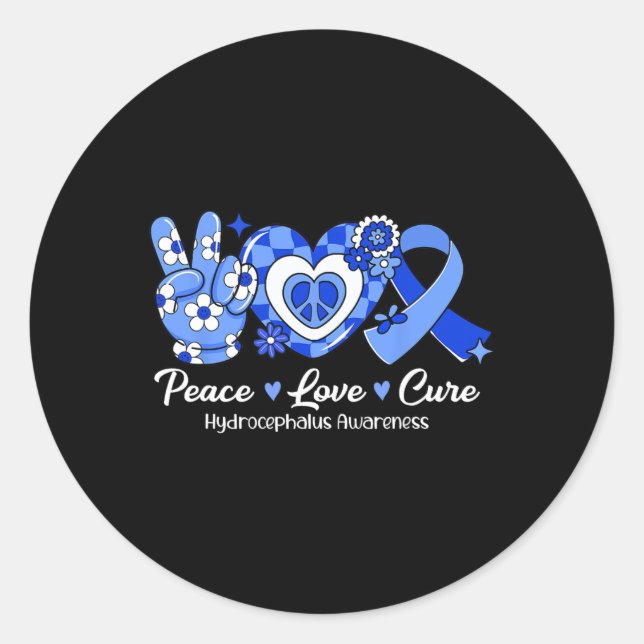 Adesivo Peace Love Cure Blue Ribbon Hydrocephales Awarenes (Frente)