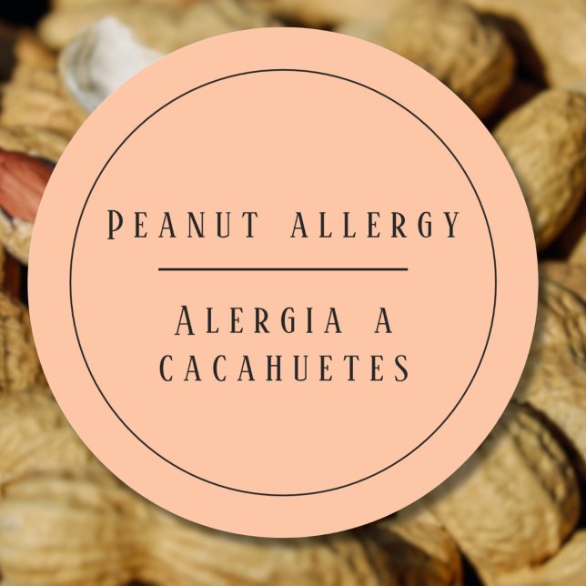 Adesivo Peach Bilingual Peanut Alergia Alerta Espanhol (Bilingual Peanut allergy warning button, Spanish text, editable. multilingual project)