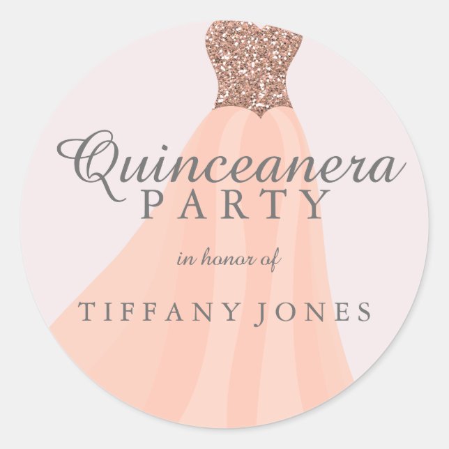 Adesivo Peach Coral Glitter Gown Quinceanera Party (Frente)