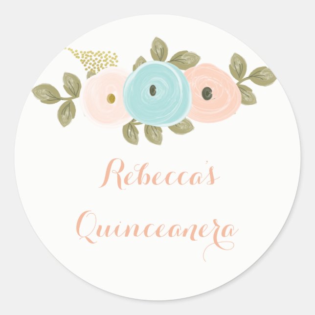 Adesivo Peach Floral Watercolor Quinceanera Sticker (Frente)