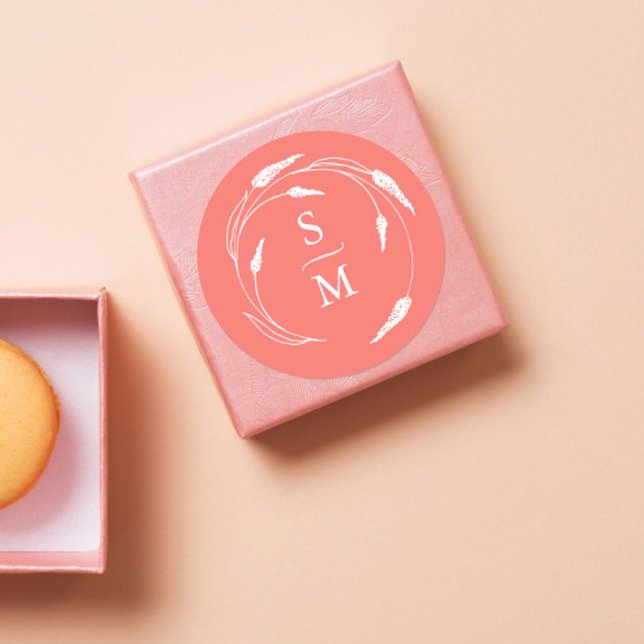Adesivo Peach Monograma Stickers (Peach monogram wedding favor stickers unique floral line art by Victoria Grigaliunas)