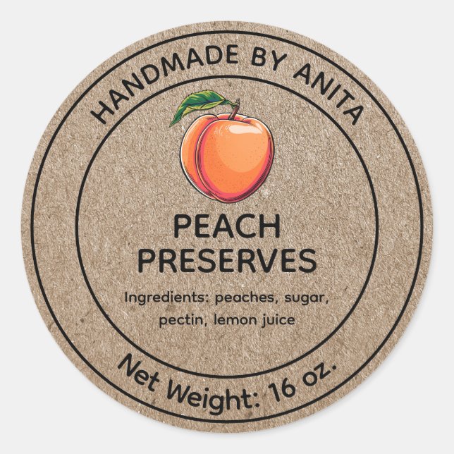 Adesivo Peach Preserva Jelly Jam Label Kraft Estilo (Frente)