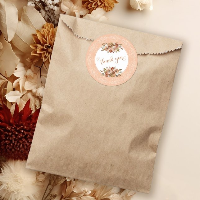 Adesivo Peach Watercolor Floral Obrigado (Peach Watercolor Floral Thank You Classic Round Sticker)
