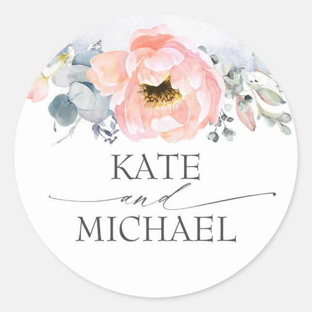 Adesivo Peach Watercolor Flowers Dusty Blue Casamento (Frente)