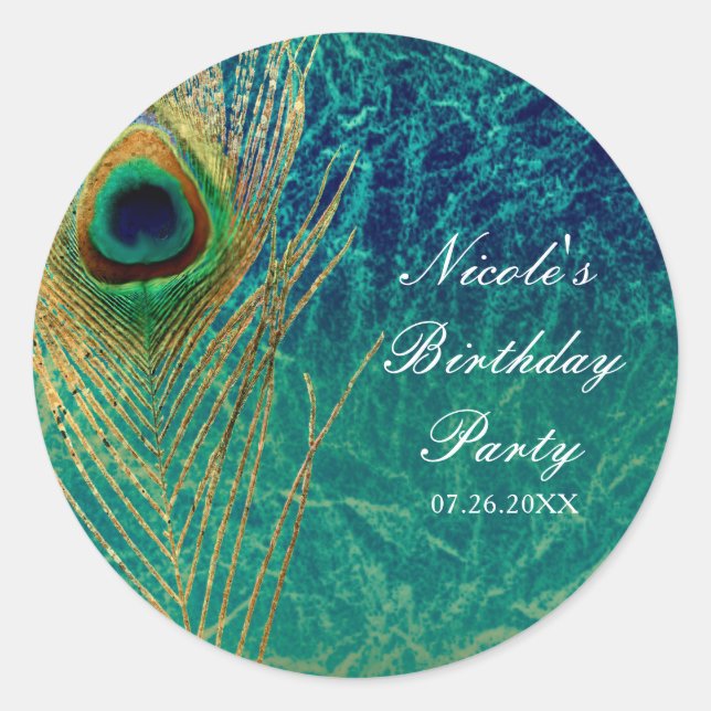 Adesivo Peacock Feather Blue Teal Dourado Favor Personaliz (Frente)