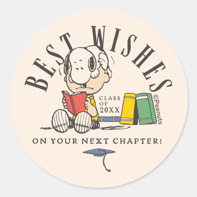 Adesivo Peanuts Best Wishes Graduation Snoopy Reading (Frente)