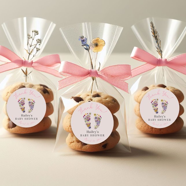 Adesivo Pegadas de flor selvagem Chá de fraldas rosa Obrig (Pressed Wildflower footprints pink floral feet personalized cute baby girl  shower favor stickers)