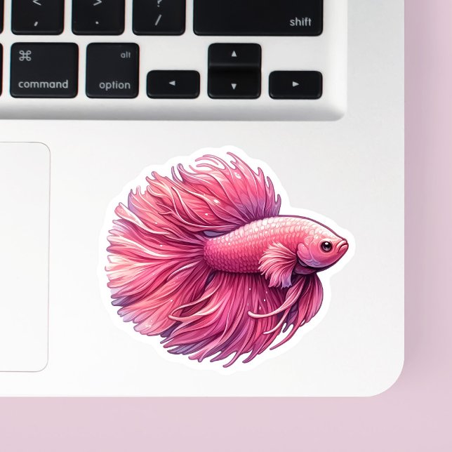 Adesivo Peixe Betta Rosa (Pink betta fish vinyl sticker on a laptop.)