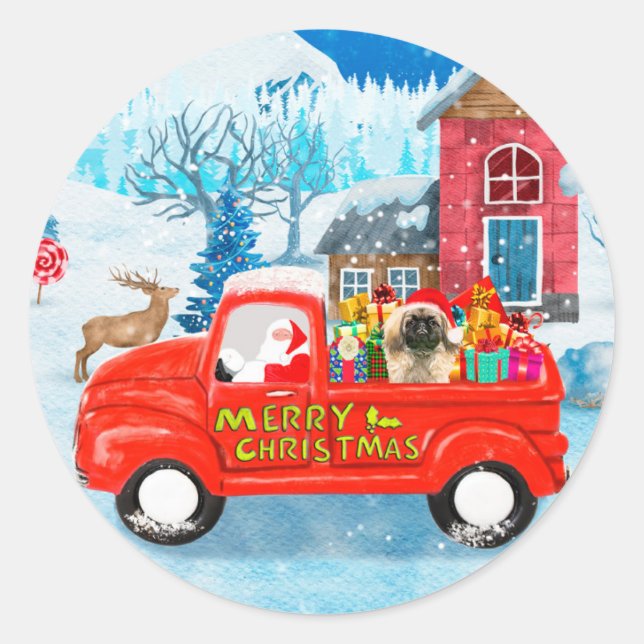 Adesivo Pekingese Dog Christmas Delivery Truck Snow (Frente)