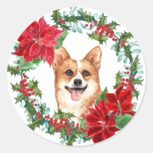 Adesivo Pembroke Corgi Poinsettia Holly Holiday Wreath