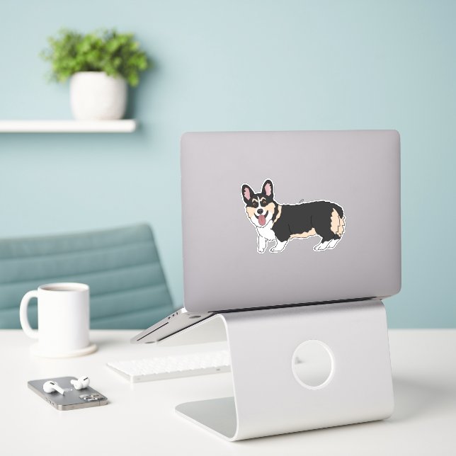 Adesivo Pembroke Welsh Corgi - Tricolorido (Laptop na mesa)
