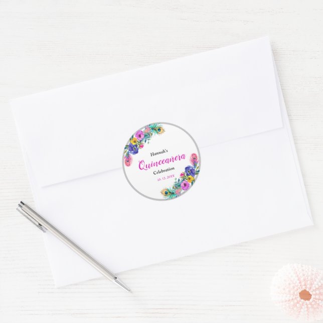 Adesivo Penas e flores de peacock Quinceañera White (Envelope)