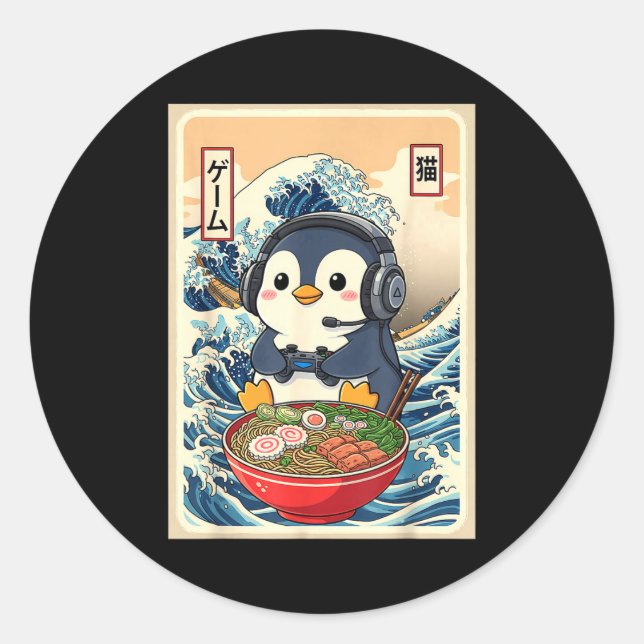 Adesivo Penguin Kawaii Japanese Ramen Noodle Retro Gaming  (Frente)