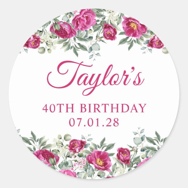 Adesivo Peonias de Aquarela Rosa Quente aniversário de 40  (Frente)