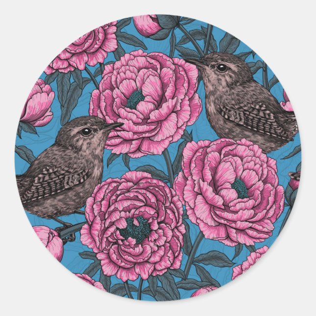 Adesivo Peonies and wrens on blue (Frente)